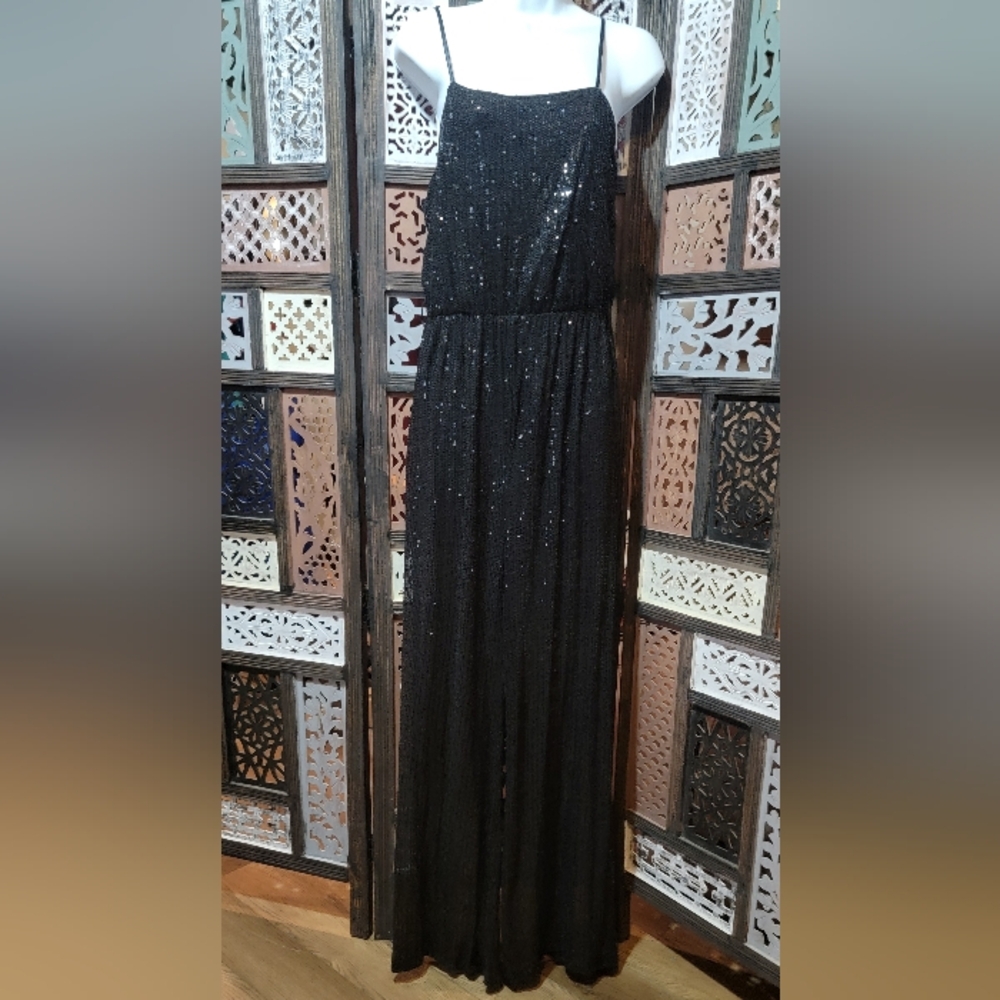 ANDREE BY UNIT Black Sequin Maxi Jumpsuit Sz Small